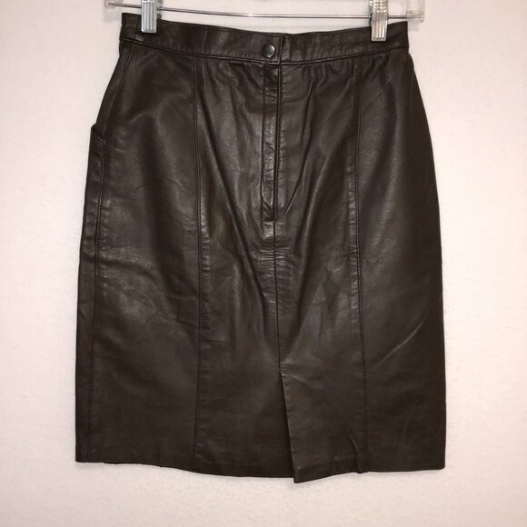 Taupe Leather Pencil Skirt with Pockets Size M - Picture 4 of 9